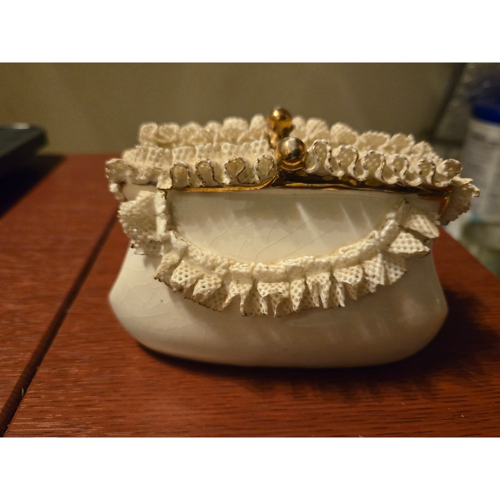 Vintage Ceramic Purse Trinket Box Floral Lace Porcelain Rose Shabby Chic Cream - Picture 6 of 6